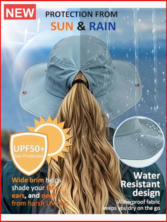 Wide Brim Sun Hat with Ponytail Hole UPF 50+ Waterproof Packable Chin Strap main image 5